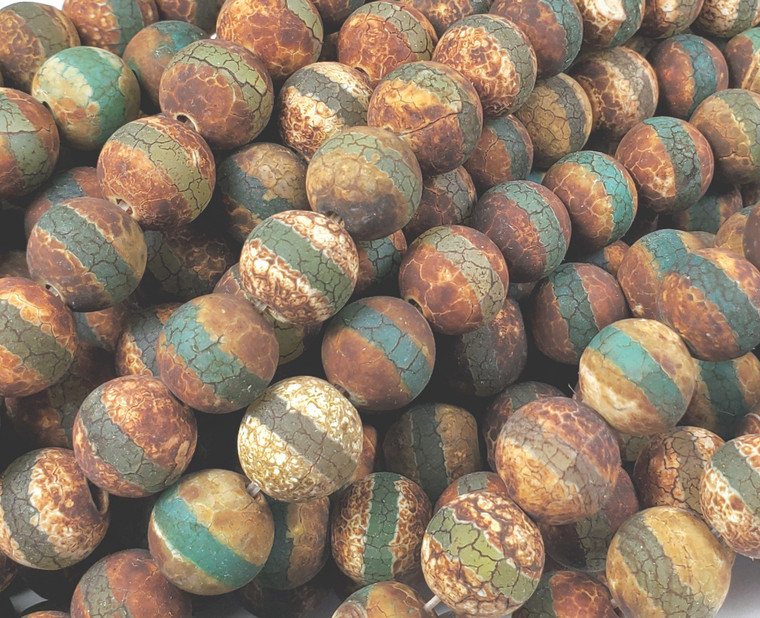 12mm Antiqued Matte Green Line Brown Agate Beads