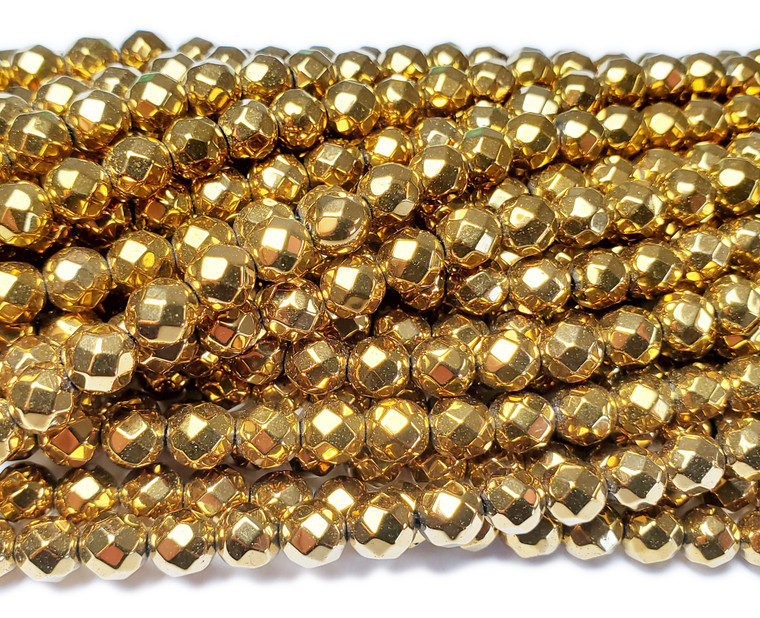 8mm Hematite Gold Faceted Round Beads