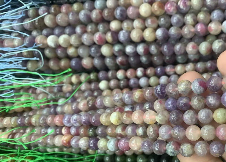 8mm Pink Tourmaline in Purple Lepidolite Smooth Round Beads