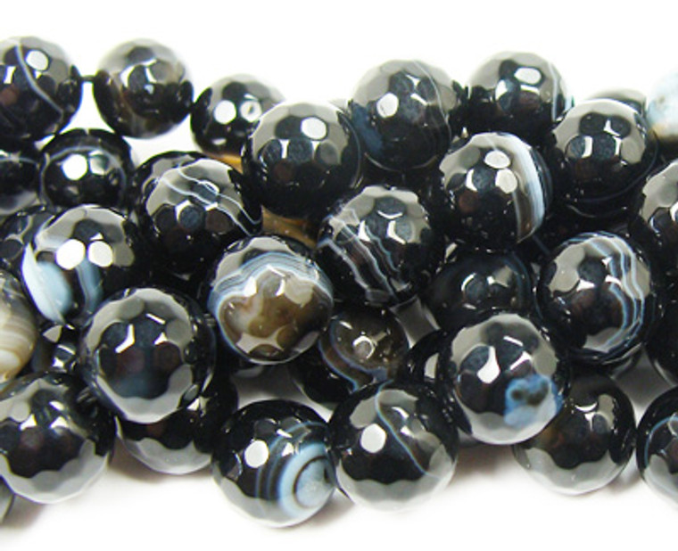 18M Black Striped Agate Faceted Round Beads