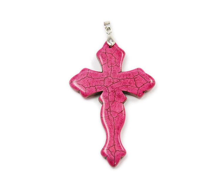 29x44mm Deep Pink Howlite Cross Pendant With Bail