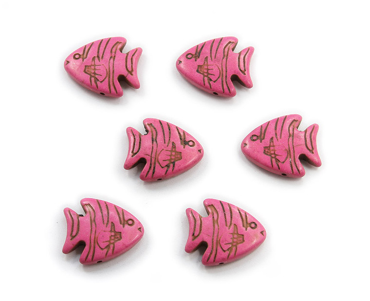 23x26 Pack Of 6 Deep Pink Howlite Carved Fish Beads