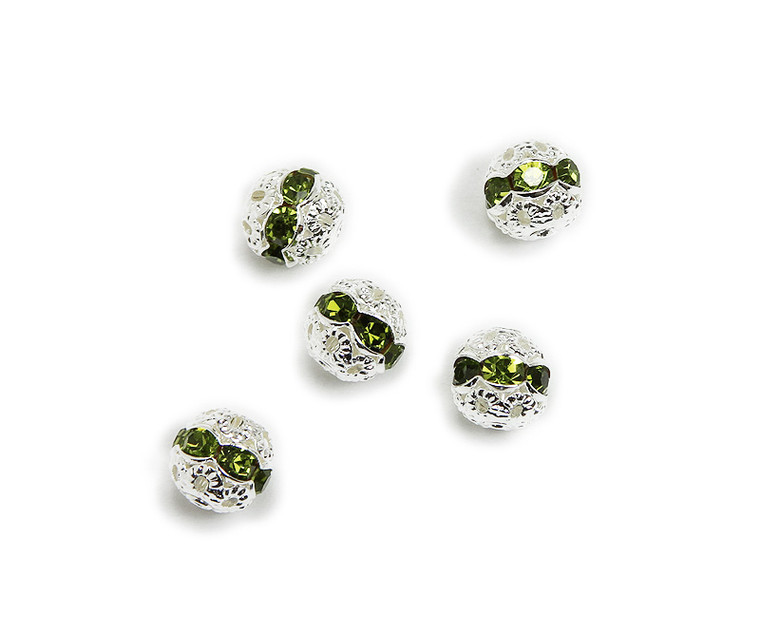 8mm Pack Of 10 Green Cubic Zirconia "Cz" Spacer Round Beads In Silver