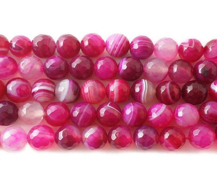 4mm 15 Inch Strand Deep Pink Striped Agate Faceted Round Beads