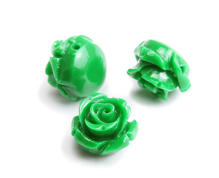 8mm Pack Of 10 Emerald Green Rose Flower Beads