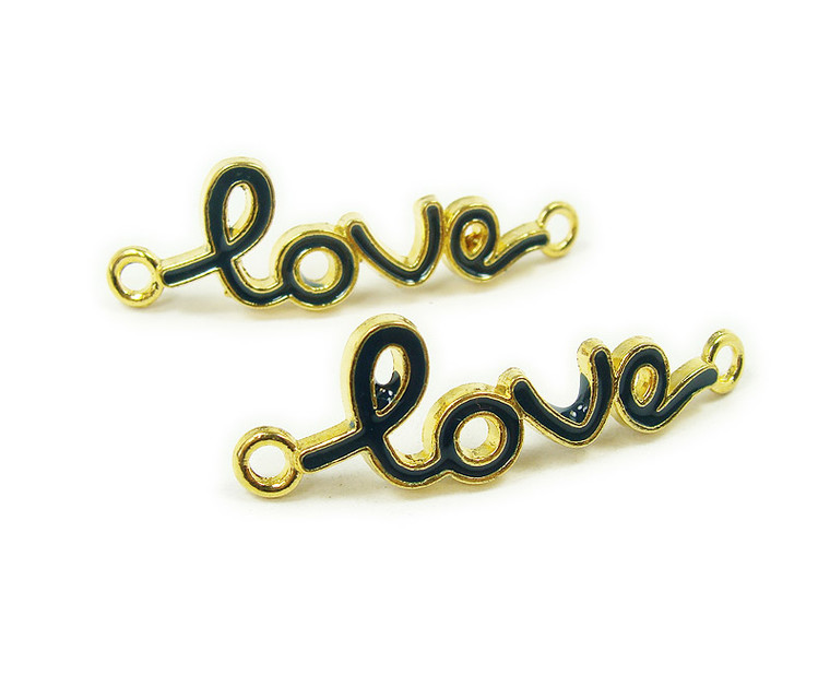 12x40mm Priced For 6 Pieces Black "Love" Cursive Gold Metal Connector