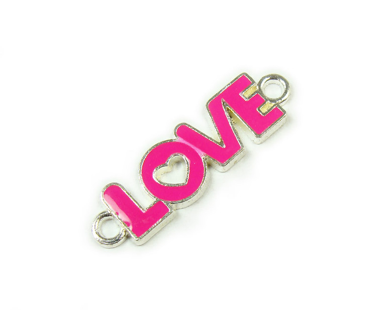 10x35mm Price For 6 Pieces Hot Pink "Love" Flat Silver Metal Connector