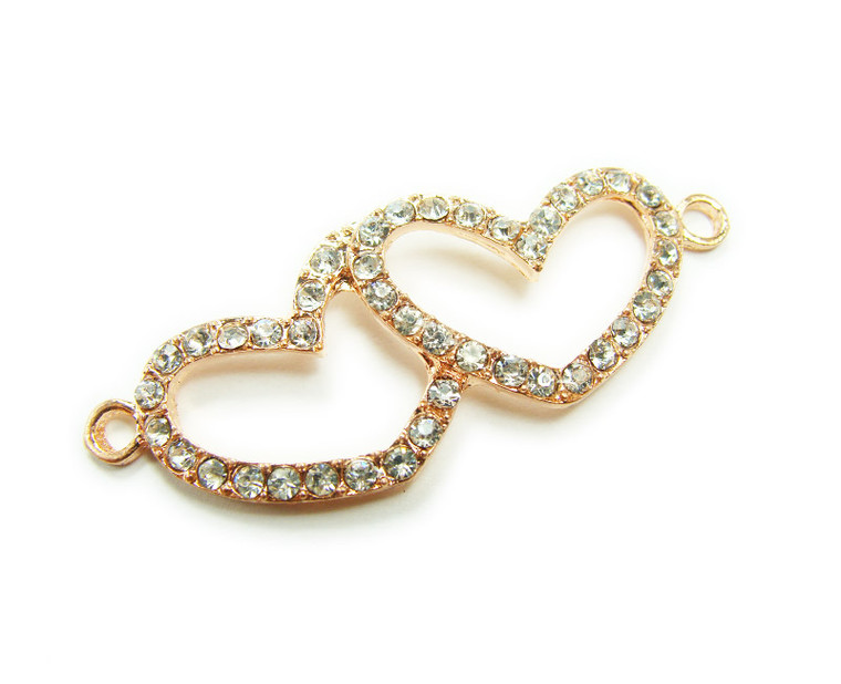 18x45mm Pack Of 4 Rose Gold Metal And Cz Stone Double Heart Connector