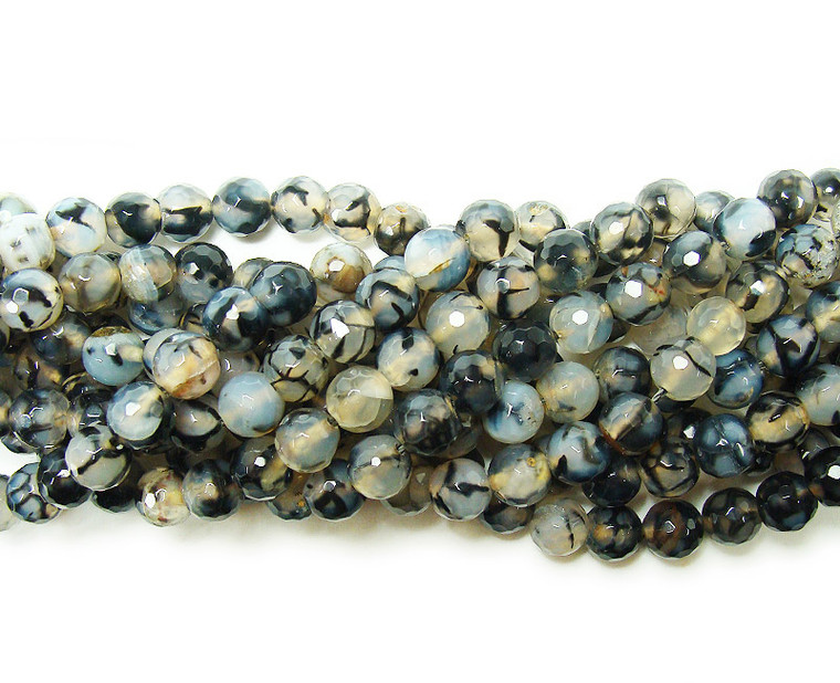 6mm Black Web Agate Faceted Round Beads