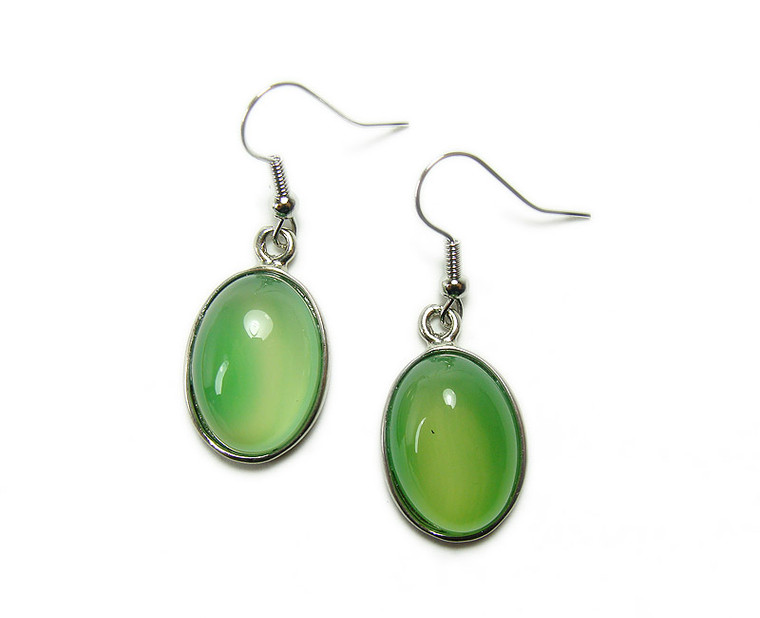 15x20mm Green Agate Oval Earrings With Silver Metal Frame