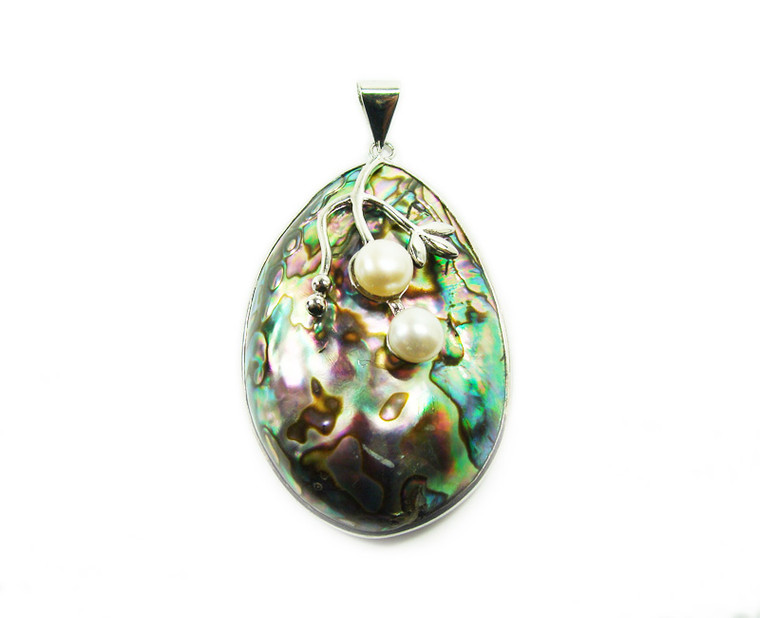 35x50mm Abalone And Pearl Large Oval Pendant In Silver Metal Frame