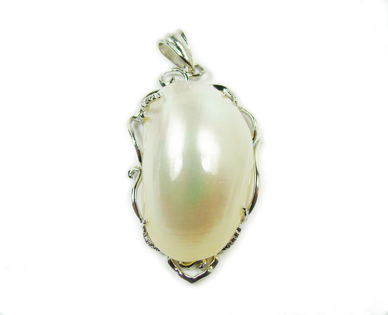 25x35mm White Shell Oval Pendant In Silver Metal Frame