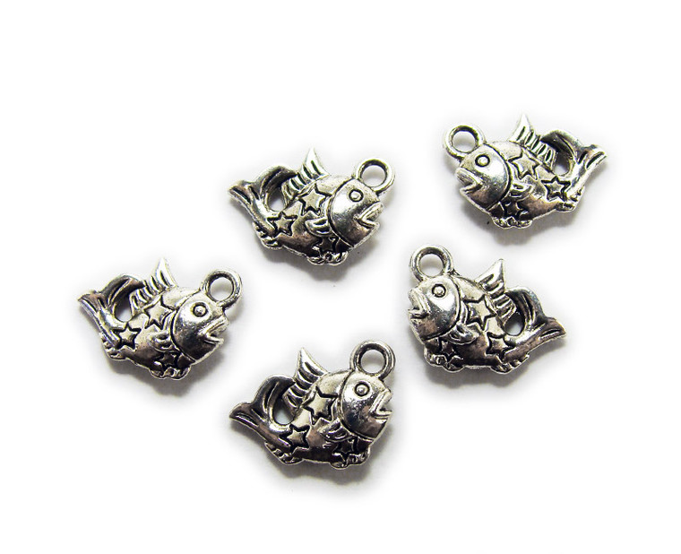 12x14mm Pack Of 20 Bali Style Silver Pewter Decorated Fish Charms With Stars