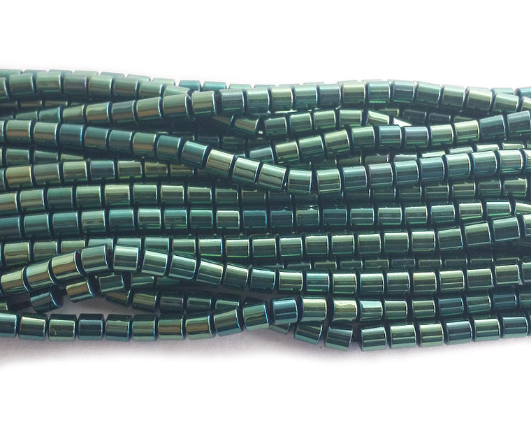 3x3mm Dark Sea Green Hematite Small Tube Beads