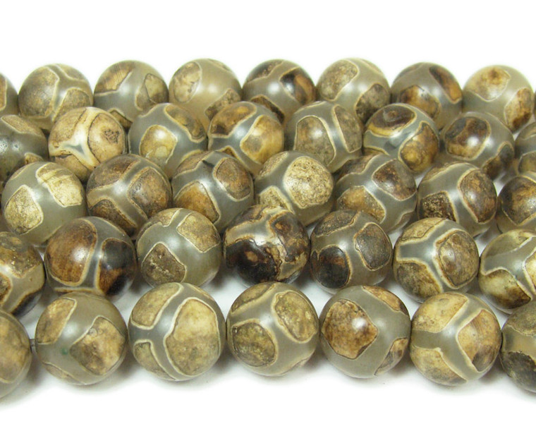 Tibetan style agate greenish brown soccer beads (10mm, 37 beads)