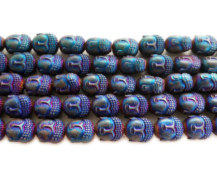 9x10mm Blue Hematite Matte Buddha Head Beads