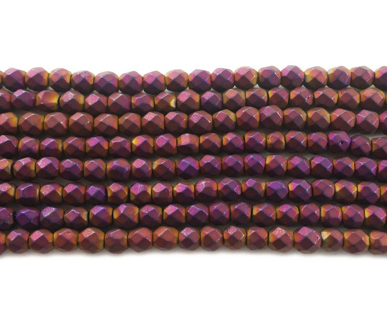 4mm Purple Hematite Matte Faceted Round Beads