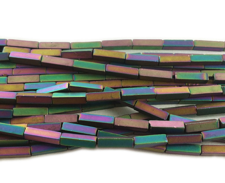 2x8mm Rainbow Hematite Matte Rectangle Beads