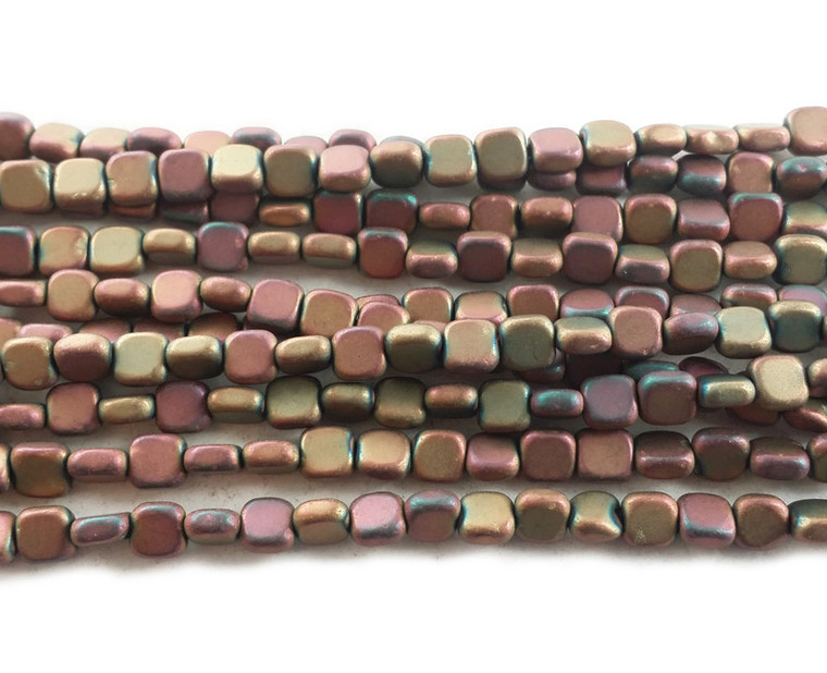 4x4mm Light Red Rainbow Hematite Flat Matte Square Beads