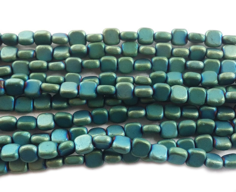 4x4mm Sea Green Hematite Flat Matte Square Beads