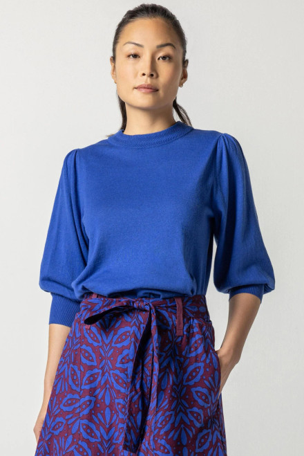 Rib Trim Puff Sleeve Sweater in Cobalt