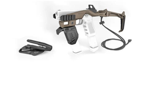 Recover Tactical 20/20N stabilizer kit for Glock showing the tan brace frame, sling, black grip plug, and white polymer components laid out separately from the pistol slide