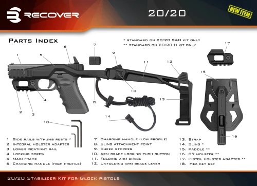 Recover Tactical 20/20 parts index diagram labeling all 18 components of the stabilizer kit, including the side rails, main frame, charging handles, brace lever, strap, sling, paddle, and G7 holster