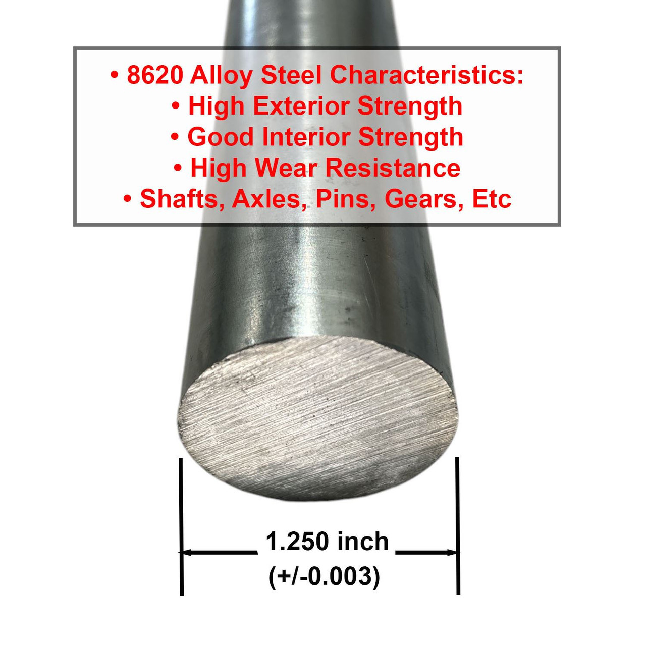 1.250 (1-1/4 inch) x 12 inches, 8620 Alloy Steel Round Rod, Cold Finished