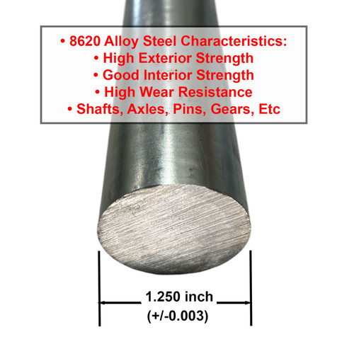 1.250 (1-1/4 inch) x 12 inches, 8620 Alloy Steel Round Rod, Cold Finished
