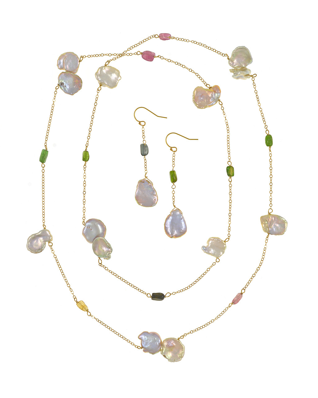 ネックレス・ペンダント Hei gemstone mix pearl necklace BKS13 Keshi PEARL & Tourmaline Gold Necklace + Matching Earrings