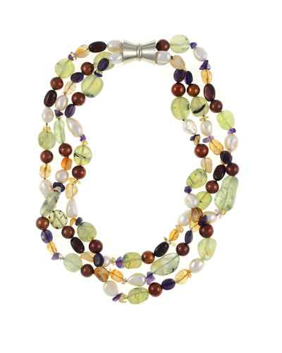 Pearl Necklace Accented with Stones, Cascadia is a Triple strand, white freshwater potato pearls 9-11mm, round brown freshwater pearls 9-10mm, with peridot, citrine, & amethyst stones, individually hand-knotted on natural silk with rare earth mixed metal magnetic clasp Pearl Necklace Accented with Stones, Cascadia is a Triple strand, white freshwater potato pearls 9-11mm, round brown freshwater pearls 9-10mm, with peridot, citrine, & amethyst stones, individually hand-knotted on natural silk with rare earth mixed metal magnetic clasp