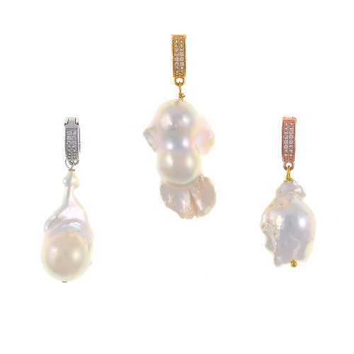 Danxia Pearls* - Pearl Pendants, Freshwater biawa pearl (15-18mm) pendant in natural white, natural black, and natural purple/pink, Set in a Gold-tone, Silver-tone, or Rose gold-tone, Setting features a mixed metal latch-back enhancer set with CZs  Danxia Pearls* - Pearl Pendants, Freshwater biawa pearl (15-18mm) pendant in natural white, natural black, and natural purple/pink, Set in a Gold-tone, Silver-tone, or Rose gold-tone, Setting features a mixed metal latch-back enhancer set with CZs