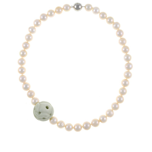 Mandalay Pearl Necklace: Single strand exceptional white freshwater pearls 10.5-11.5mm, featuring offset carved jade ball 25mm on individually hand-knotted natural silk with rare earth mixed metal magnetic clasp Mandalay Pearl Necklace: Single strand exceptional white freshwater pearls 10.5-11.5mm, featuring offset carved jade ball 25mm on individually hand-knotted natural silk with rare earth mixed metal magnetic clasp