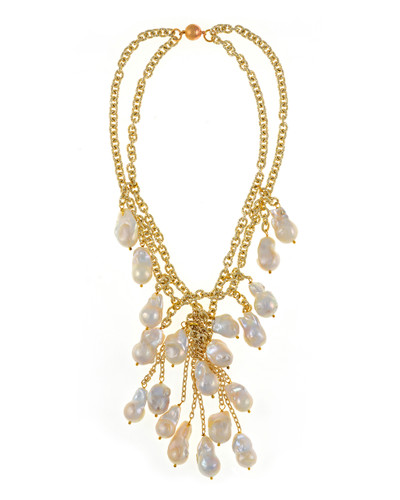 Roma White Pearl Cascade & Chain Necklace: Double strand of gold chain, biawa or biwa freshwater pearls 12-14mm, 5” long biawa or biwa freshwater pearls cascade, rare earth  magnetic clasp, 17” in length (choker style with cascading drape of biawa or biwa freshwater pearls) Roma White Pearl Cascade & Chain Necklace: Double strand of gold chain, biawa or biwa freshwater pearls 12-14mm, 5” long biawa or biwa freshwater pearls cascade, rare earth  magnetic clasp, 17” in length (choker style with cascading drape of biawa or biwa freshwater pearls)
