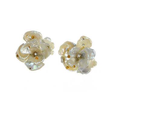 zoom of Sakura earrings: Keshi pearl earrings enhanced with minute  Swarovski crystals on the flower petals surrounding a goldtoned bead center zoom of Sakura earrings: Keshi pearl earrings enhanced with minute  Swarovski crystals on the flower petals surrounding a goldtoned bead center