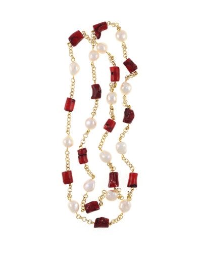 Tibet II Pearl Necklace Accented with Stones: Single strand 11-12mm white freshwater potato  pearls, mixed with dyed red coral, on mixed metal gold-tone chain, 40” in length (rope length)