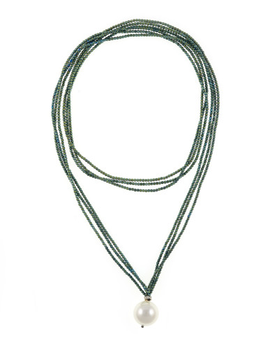 Trafalgar Seafoam Hematite & Pearl Jewelry necklace: Triple strand colored hematite Seafoam bead necklace featuring single shell pearl 20mm, 36” in length, rope length Trafalgar Seafoam Hematite & Pearl Jewelry necklace: Triple strand colored hematite Seafoam bead necklace featuring single shell pearl 20mm, 36” in length, rope length