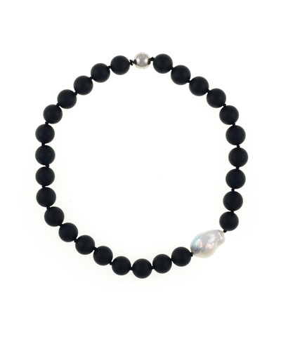 Zaria necklace: Single strand untumbled onyx 14mm necklace featuring offset 15-18mm white biawa pearl on individually hand-knotted black silk with rare earth mixed metal magnetic clasp Zaria necklace: Single strand untumbled onyx 14mm necklace featuring offset 15-18mm white biawa pearl on individually hand-knotted black silk with rare earth mixed metal magnetic clasp