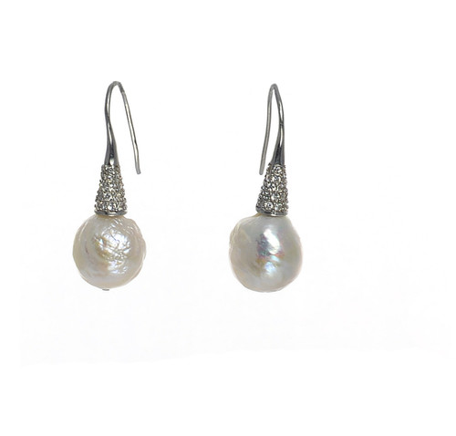zoom, pearl earrings, 13-15mm White Edison pearl earrings set with Sterling Silver hooks and pavé
CZ’s