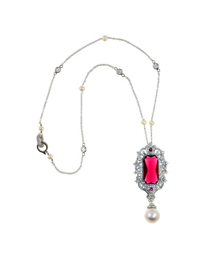 St Chapelle Pearl Necklace, freshwater Pearls and CZ  Ruby-colored necklace, 12-13mm Edison freshwater Pearl drop off CZ handset pendant with colored CZ crystal, silver color chain with 5-6mm white freshwater pearls and set CZs, CZ encrusted clasp, 19” total length with 2.7” drop pendant St Chapelle Pearl Necklace, freshwater Pearls and CZ  Ruby-colored necklace, 12-13mm Edison freshwater Pearl drop off CZ handset pendant with colored CZ crystal, silver color chain with 5-6mm white freshwater pearls and set CZs, CZ encrusted clasp, 19” total length with 2.7” drop pendant