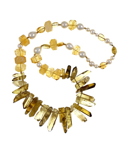 Moraine Lake - Citrine & Pearl Necklace, shown flat, Polished citrine prisms (27 - 47mm) interspersed with gold-tone beads lie gracefully between your collar bones. Raw faceted and polished citrine (18 by 25 mm) complimented by lustrous white biawa pearls (15 to 17 mm) and round white freshwater pears (10 - 13 mm) on hand-strung beige silk, 26 " in length (matinee length), Elegant gold-tone moonlight kidney bean clasp
