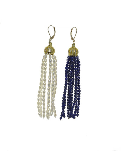Obi - Seed Pearl & Blue Lapis Lazuli Tassel Earrings, shown flat, 3" tassel earrings suspended from mixed metal gold crown with pavé CZs, One tassel composed of 3 mm to 4 mm seed pearls, 8 strands, Other tassel composed of 2 mm round lapis lazuli beads, 8 strands, Mixed metal leverback style Obi - Seed Pearl & Blue Lapis Lazuli Tassel Earrings, shown flat, 3" tassel earrings suspended from mixed metal gold crown with pavé CZs, One tassel composed of 3 mm to 4 mm seed pearls, 8 strands, Other tassel composed of 2 mm round lapis lazuli beads, 8 strands, Mixed metal leverback style