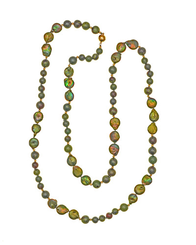 Palo Verde - Green Coin Pearl & Dragon Jasper Necklace, Luscious green-gold coin pearls (11 -13 mm) surrounded by Dragon Trace Jasper (deep reds and green) at 7 -11 mm and reflective gold-tone beads that slips easily over the head, Pearl necklace is 39” in length (rope length), and can convert to princess length pearl necklace with complementary converter or by wrapping the necklace into a double strand, Mixed magnetic gold-tone clasp, Part of the exclusive Naughton Braun Pura Vida Collection Palo Verde - Green Coin Pearl & Dragon Jasper Necklace, Luscious green-gold coin pearls (11 -13 mm) surrounded by Dragon Trace Jasper (deep reds and green) at 7 -11 mm and reflective gold-tone beads that slips easily over the head, Pearl necklace is 39” in length (rope length), and can convert to princess length pearl necklace with complementary converter or by wrapping the necklace into a double strand, Mixed magnetic gold-tone clasp, Part of the exclusive Naughton Braun Pura Vida Collection
