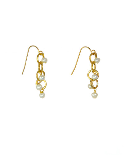 Lions Bridge - White Pearl Drop earrings, White pearl 3.5 - 4 mm drop earrings, Gold plated aluminum chain and vermeil shepherds hook back,  Features 4 pearls and 4 interlocking rings, Vermeil shephards hooks, total drop 1.2”, Gold plated aluminum rings Lions Bridge - White Pearl Drop earrings, White pearl 3.5 - 4 mm drop earrings, Gold plated aluminum chain and vermeil shepherds hook back,  Features 4 pearls and 4 interlocking rings, Vermeil shephards hooks, total drop 1.2”, Gold plated aluminum rings