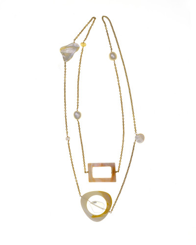 Vilano Beach - White Pearl & Shell Necklace, Natural shaped white freshwater white pearls and geometric shaped shell and clear quartz suspended on chain with a mid-century vibe , Vermeil chain (38”), rope length that Slips over the head, part of the St Augustine Pearls in Gold Collection Vilano Beach - White Pearl & Shell Necklace, Natural shaped white freshwater white pearls and geometric shaped shell and clear quartz suspended on chain with a mid-century vibe , Vermeil chain (38”), rope length that Slips over the head, part of the St Augustine Pearls in Gold Collection