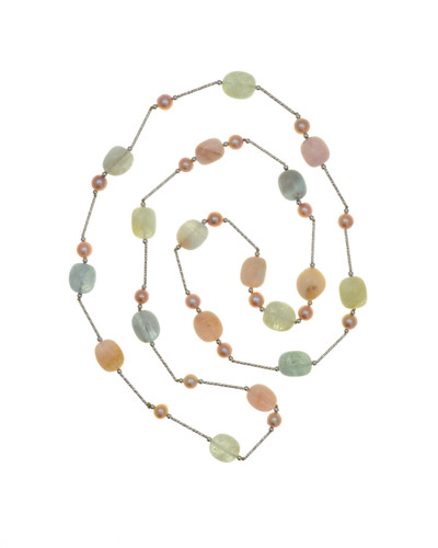 Pink Sand Beach - Pearl & Azurite Necklace, demi-fine pearl & gemstone long necklace, 7.5-8.0 mm natural pink round pearls, 13x16mm pink, green, and indigo azurite, silver bar and bead chain, 37” long (rope or lariat), converts to double-stranded princess length with converter, part of the Pretty-Pretty Bahama Collection
 Pink Sand Beach - Pearl & Azurite Necklace, demi-fine pearl & gemstone long necklace, 7.5-8.0 mm natural pink round pearls, 13x16mm pink, green, and indigo azurite, silver bar and bead chain, 37” long (rope or lariat), converts to double-stranded princess length with converter, part of the Pretty-Pretty Bahama Collection