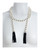 Salome Pearl necklace with 2 black tassels, 9-10mm white round freshwater pearls separated with onyx, individually hand-knotted on silk, on model, Can be worn wrapped as shown, 50” in length (rope length) Salome Pearl necklace with 2 black tassels, 9-10mm white round freshwater pearls separated with onyx, individually hand-knotted on silk, on model, Can be worn wrapped as shown, 50” in length (rope length)