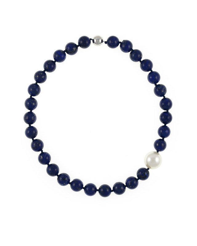 Côte d’Azur - Lapis and Pearl Necklace, Single strand lapis beads 14mm flecked with pyrite, with offset shell pearl 20mm, on individually hand knotted black silk, featuring rare earth mixed metal magnetic clasp Côte d’Azur - Lapis and Pearl Necklace, Single strand lapis beads 14mm flecked with pyrite, with offset shell pearl 20mm, on individually hand knotted black silk, featuring rare earth mixed metal magnetic clasp