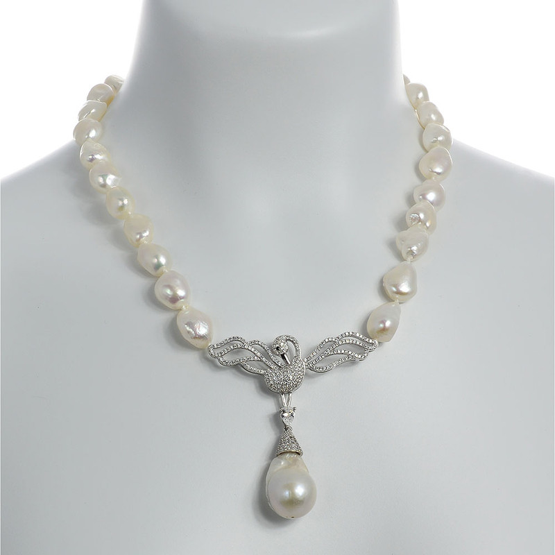 Pearl Necklace featuring CZ Swan Pendant and Biawa Pearl