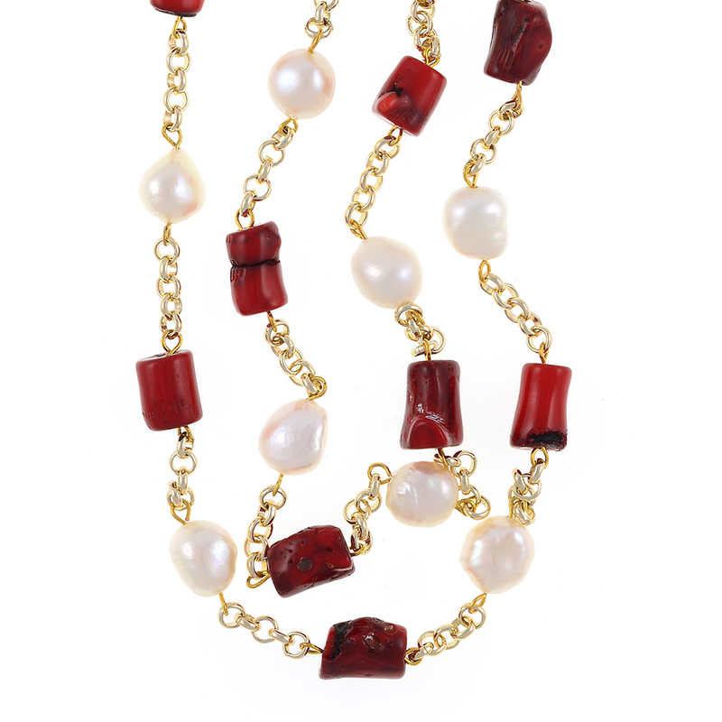 The Tibet Set*- White Pearl Necklace Accented with Stones Tibet Collection Color Selections -:coral